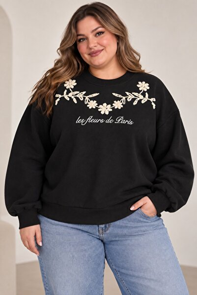 Kadın Büyük Beden Siyah Paris Çiçek Nakışlı 3 İplik Oversize Bisiklet Yaka Sweatshirt