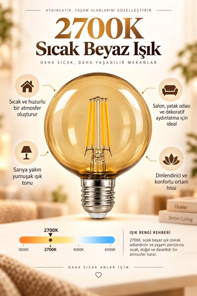 Telvesse G80 Dimmerli Rustik Gün Işığı 2700K Amber LED Ampul Filament E27 Duy...