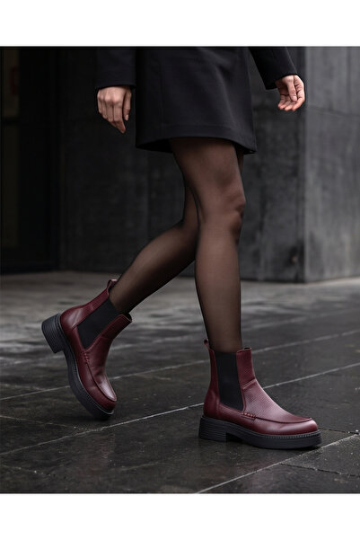 futsi shoes FREYA Bordo Hakiki Deri Kalın Taban Lastikli Günlük Şık Kadın Bot