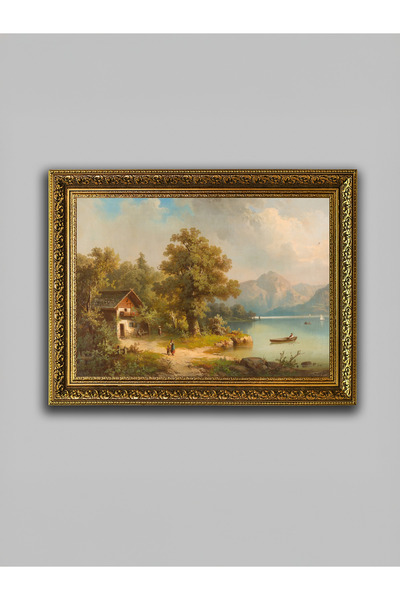 WoodyArts Yaz Günü Göl Kenarı Altın Eskitme Çerçeveli Dekoratif Salon Duvar T...