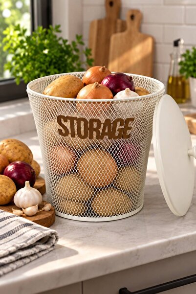 ANGDESİGN BODRUM Kapaklı Patates-Soğanlık BEYAZ -BÜYÜK Çok Amaçlı Metal Sepet STORAGE Yazılı Patates Soğan Sepeti Metal Meyvelik Sebzelik Saklama Kabı Mutfak Organizer Masaüstü & Tezgah Üstü Düzenleyici