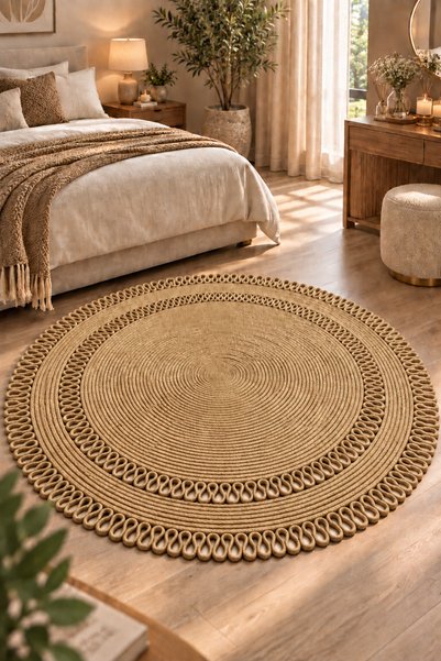 MaVaux Alessa Doğal Yuvarlak Hasır Jüt Kilim Dekoratif Örgü Kilim – Modern Bohem Tasarım, Şık ve Doğal Görünüm, Salon, Mutfak ve Antre Kullanımı Desenli, Dekoratif, Kilim, Salon Çeyizlik, Hediyelik