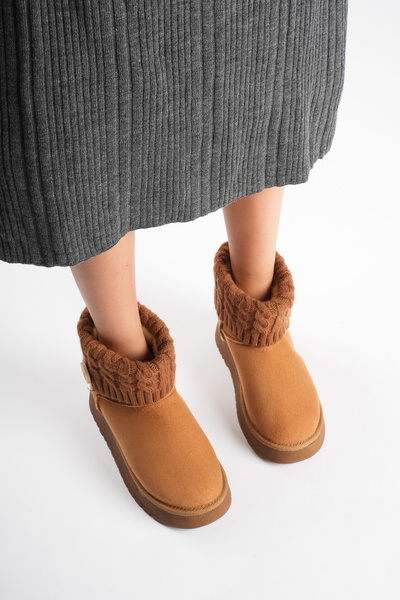 marceline Women's Tan Suede Knitwear Detailed Thick Soled Winter Boots with Fur Inside