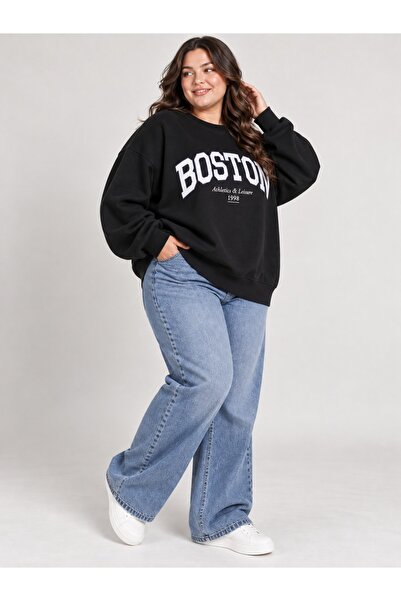 3 İplik Kadın Büyük Beden Oversize Bisiklet Yaka Sweatshirt