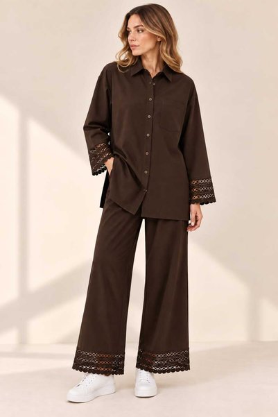 Benedetto Women's 100% Linen Oversize Long Shirt with Guipure Lace Cuff Detail