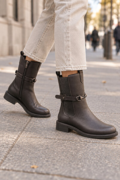 MT Women's Genuine Leather Elastic Buckle Detailed Boots