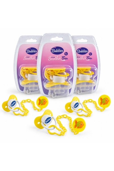 Bubbles Babyliss Silicone Pacifier with Attachment Chain, from 6 Months - Yel...