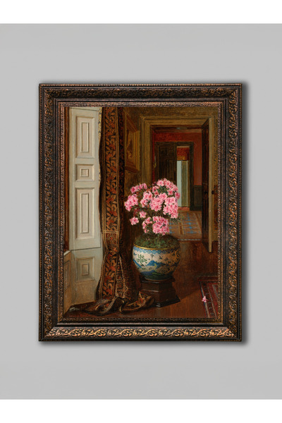 WoodyArts Oda İçerisinde Pembe Çiçekler Bronz Eskitme Çerçeveli Dekoratif Sal...