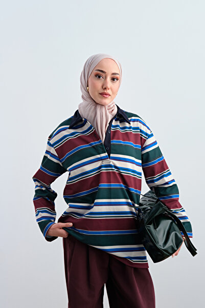 LOCCO سترة نسائية مخططة نصف أزرار باللون الأخضر