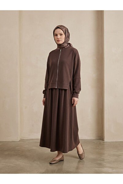 Foremia Slit Detail Zippered Fake Cuff Skirt Suit - Brown