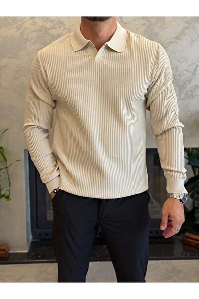 ECARTS Men's Relaxed Fit No-Closure Polo Sweater Beige Eca092