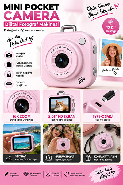 CROW'S TECH Mini Dijital Fotoğraf Makinesi 16X Zoom 2.01" HD Ekran 128GB Destekli Type-C Şarjlı Pocket Kamera
