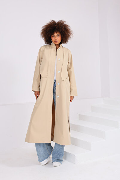 Heggo Women's Long Buttoned Trench Coat Oversize Fit with Stand Collar and Po...