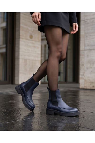 futsi shoes FREYA Lacivert Hakiki Floter Deri Kadın Bot Lastikli Kalın Taban ...