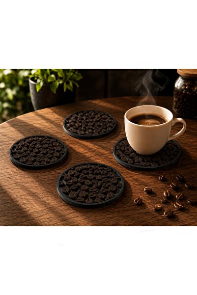 Aksefuar Lazer 4 Pieces of Coffee Bean Patterned Coasters 8 cm Decorative Cof...