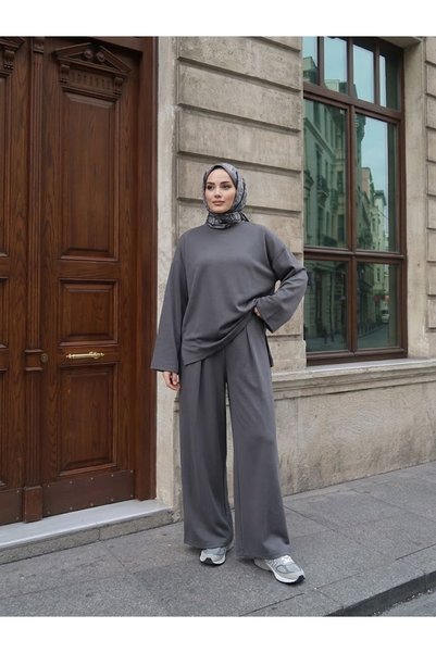 Lunsera Store طقم من قطعتين: تونيك ناعم الملمس غير متماثل وبنطلون واسع الساق ...