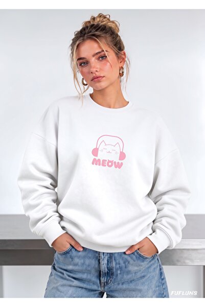 FUFLUNS Meow Printed Oversized Women's Crewneck Sweatshirt