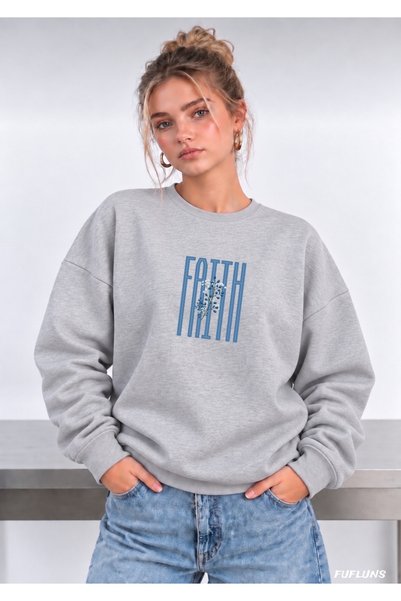 FUFLUNS Faith Printed Oversized Women's Crewneck Sweatshirt