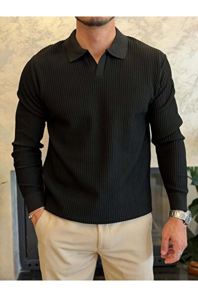 ECARTS Men's Relaxed Fit No-Closure Polo Sweater Black Eca092