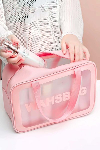 TAKIŞTIR Pembe Renk Washbag Yazılı Su Geçirmez Büyük Boy Makyaj Çantası