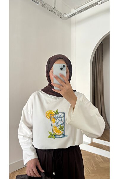 QUWİQ Tricou de damă cu mânecă lungă, imprimat, supradimensionat, 100% bumbac