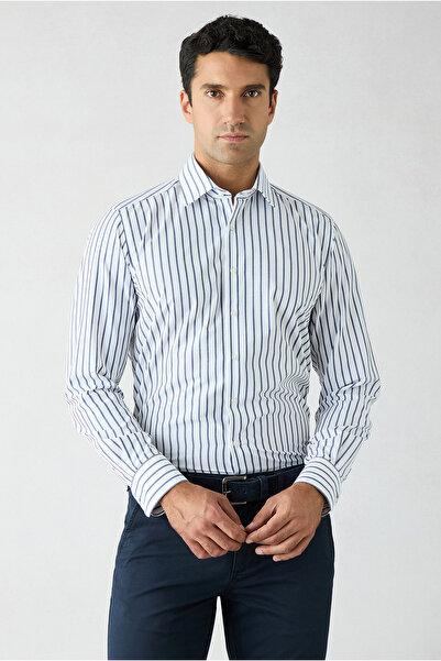 Kiğılı Long Sleeve Regular Fit Cotton Easy-Iron Classic Collar Striped Shirt