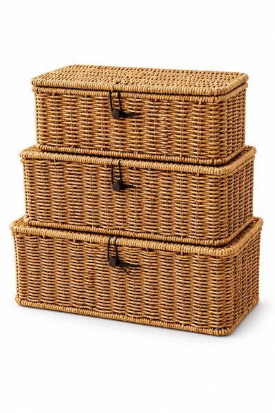 welcomein 3’lü Rattan Kapaklı Organizer Sepet Seti – Farklı Boy Dekoratif Düz...
