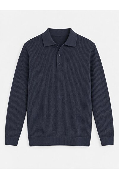 ECARTS Men's Relaxed Fit Button Closure Polo Sweater Navy Blue Eca090