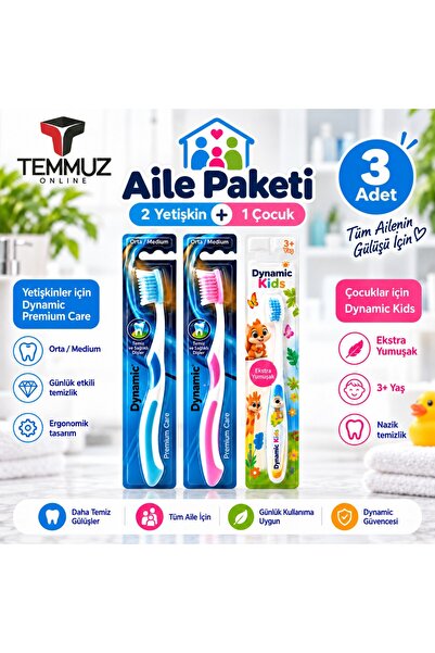 Dynamic Aile Paketi Diş Fırçası Seti 3 Adet – 2 Yetişkin Medium + 1 Çocuk Ext...