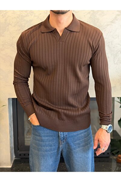 ECARTS Men's Slim Fit No-Closure Polo Sweater Bitter Brown Eca093