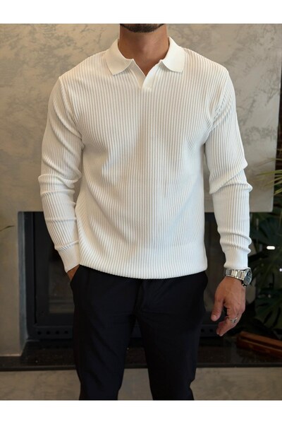 ECARTS Men's Relaxed Fit No-Closure Polo Sweater White Eca092