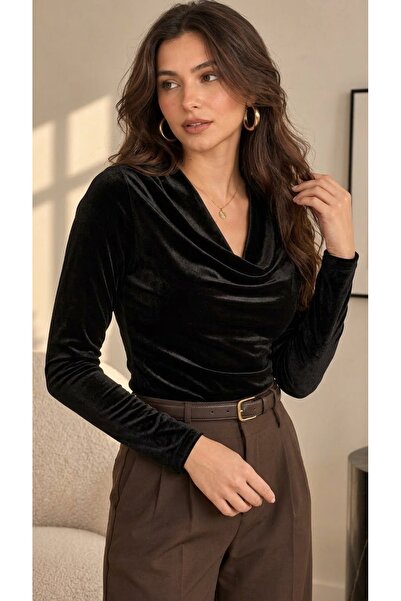 MELA ROSSA Women's Black Velvet Fabric Degaje Collar Long Sleeve Blouse