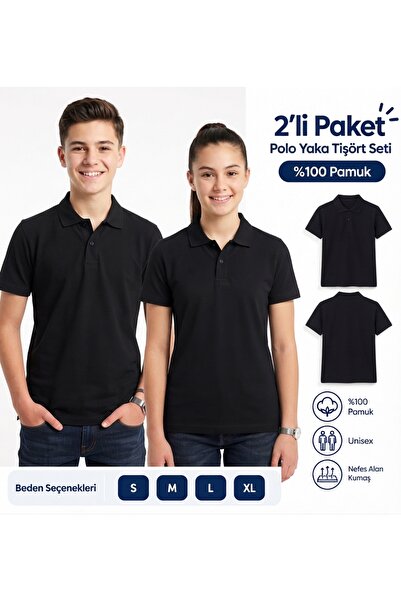 secret touch 2'li Paket %100 Pamuk Polo Yaka Kısa Kollu Okul ve Günlük Kullan...
