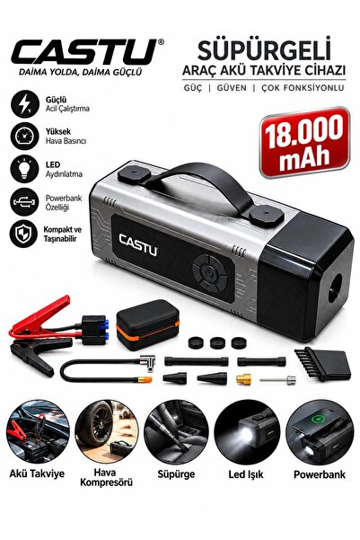 CASTU CS89 PLUS MAX 18000 MAH Araç Süpürgeli Akü Takviyeli Hava Kompresörü Şa...