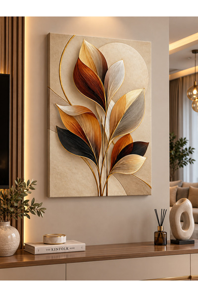 theworkshop 30x40 cm Modern Yaprak Desenli Kanvas Tablo | Gold Detaylı Dekora...