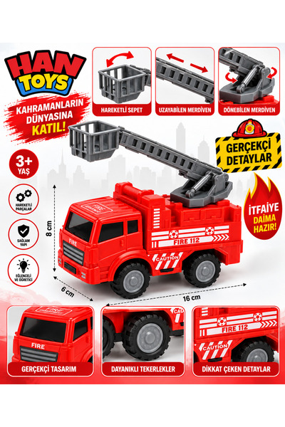Han toys Hareketli Merdivenli Oyuncak İtfaiye Kamyonu Sepetli Kırmızı Kurtarm...