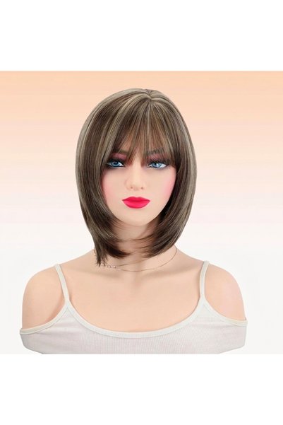 OtherMax Perucă Damă Bob Scurt cu Breton Amestec Sintetic Șaten și Blond 30cm — perucă păr , păr sinte