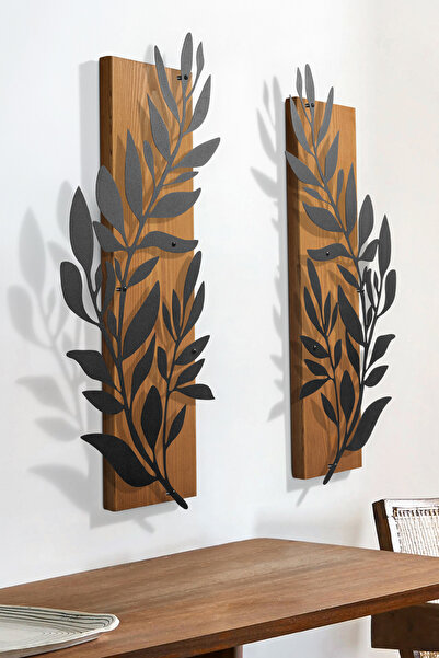 DEKORENZO Metal Duvar Tablosu 2'li Yaprak Dallı 65x62 cm Naturel Ahşap