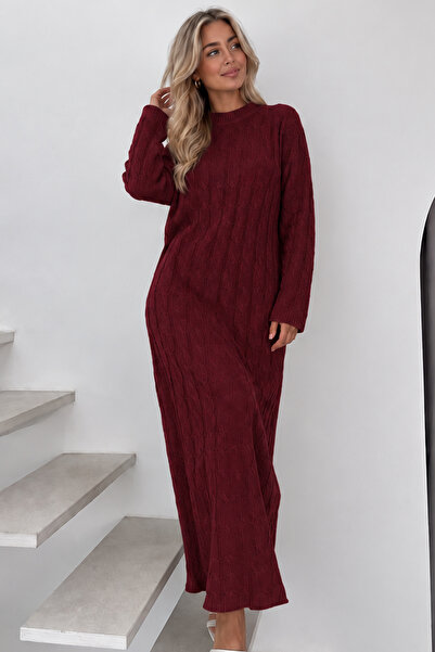 benguen Knitted Patterned Knitwear Dress K3024 Claret Red