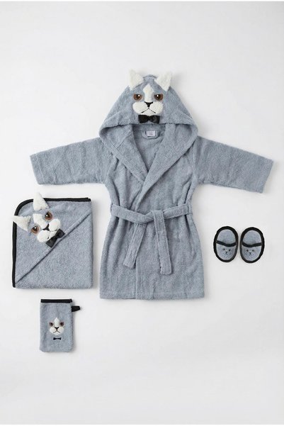 EAST&HIERA Special Cloth Pouch - Gray Baby Bathrobe Set with Bow Tie and Cat Figure, 4 Pieces (Bathrobe, Swaddle, Pouch, Slippers)
