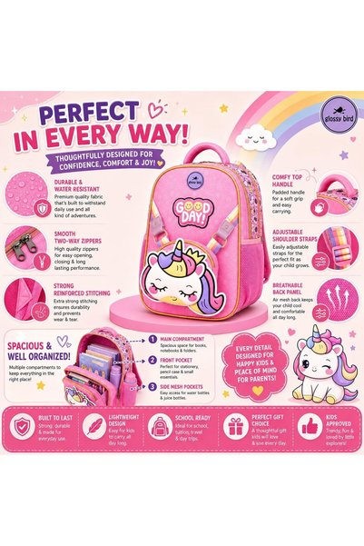 Glossy Bird Trolly Backpack for Kids, 12 Inch Preschool School Bag for Girls Preschool, Lightweight Ergonomic Kids Backpack, Water Resistant, Padded Breathable Back & Shoulder Straps
