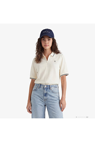 Tommy Hilfiger Script Liyosel Kadın Bej Polo Yaka T-Shirt
