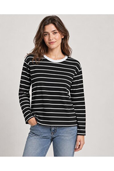 TENA Women's Black Crew Neck Striped Combed Cotton Blouse