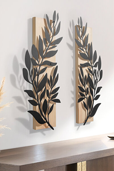 DEKORENZO Metal Duvar Tablosu 2'li Yaprak Dallı 65x62 cm Naturel Ahşap