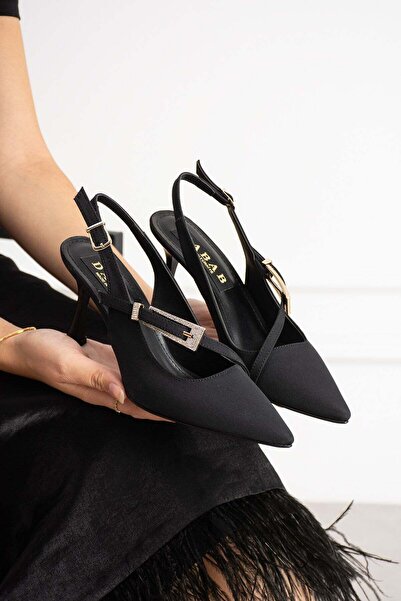 dabab shoes Merva Women's Black Satin Pointed Toe Stone Buckle Detailed Cross...