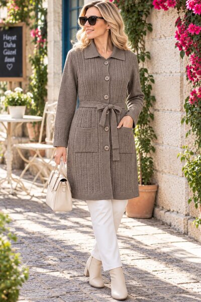 Fresh&Moda Women's Long Collared Buttoned Pocketed Belted Wool Knitwear Cardigan