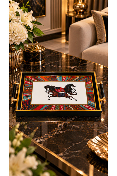 Leila Luxury Presentation Tray with Horse Figure - Gold-Black Decorative Fram...