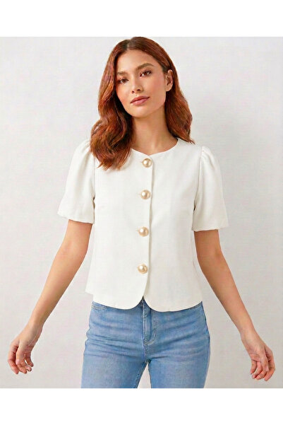 Merlot Puff Sleeve Button Detailed Ecru Blouse