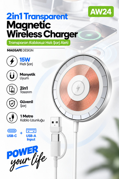 ACL W2 2in1 Şeffaf MagSafe Kablosuz Şarj Cihazı – USB-A ve Type-C Çift Girişl...