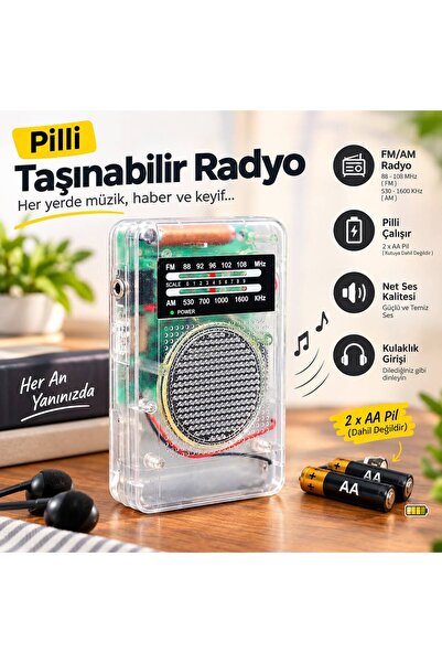 gaman AM/FM Analog Radyo - Kulaklıklı, Taşınabilir Pilli Mini Şeffaf Radyo (8...